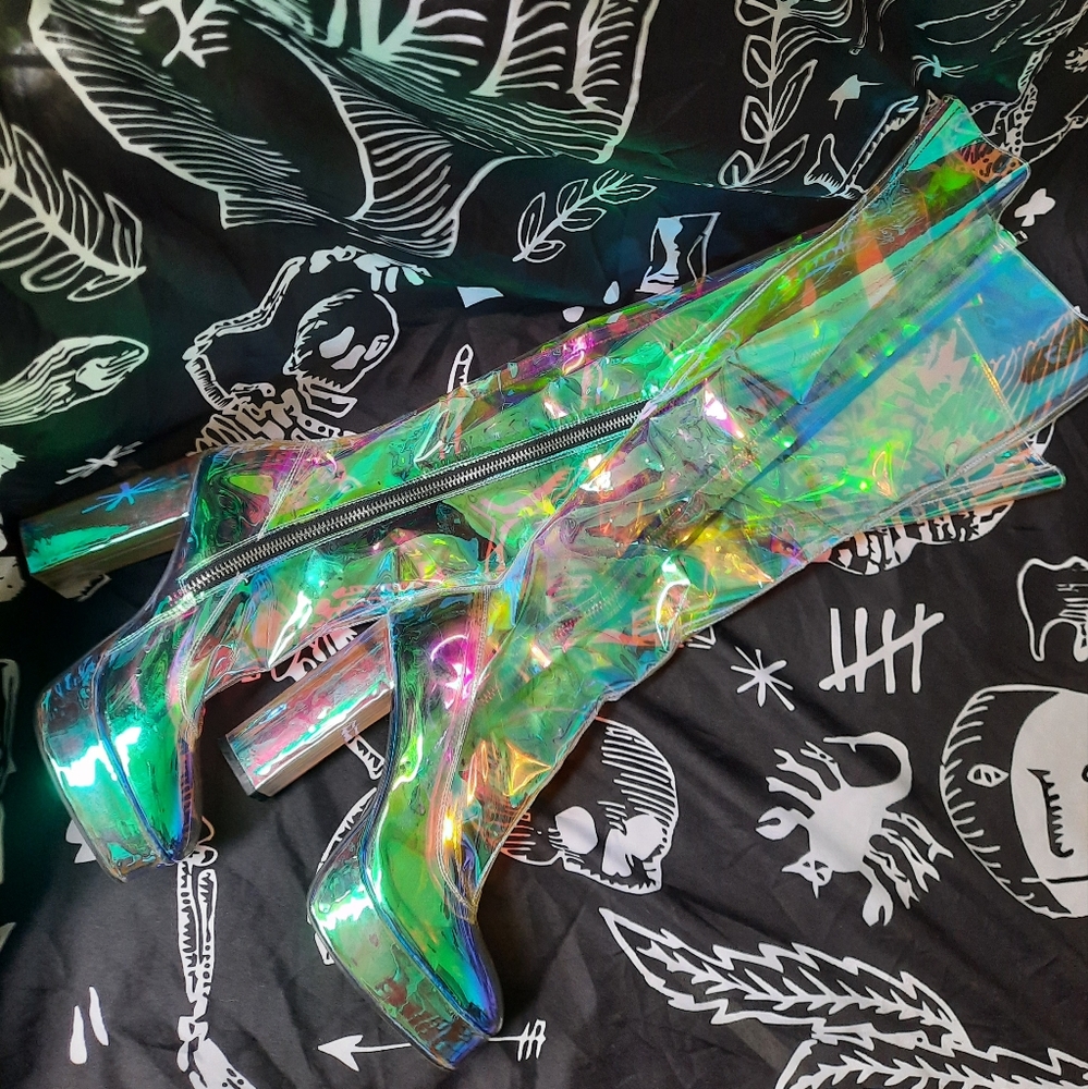 Dolls Kill Knee High Holographic Boots